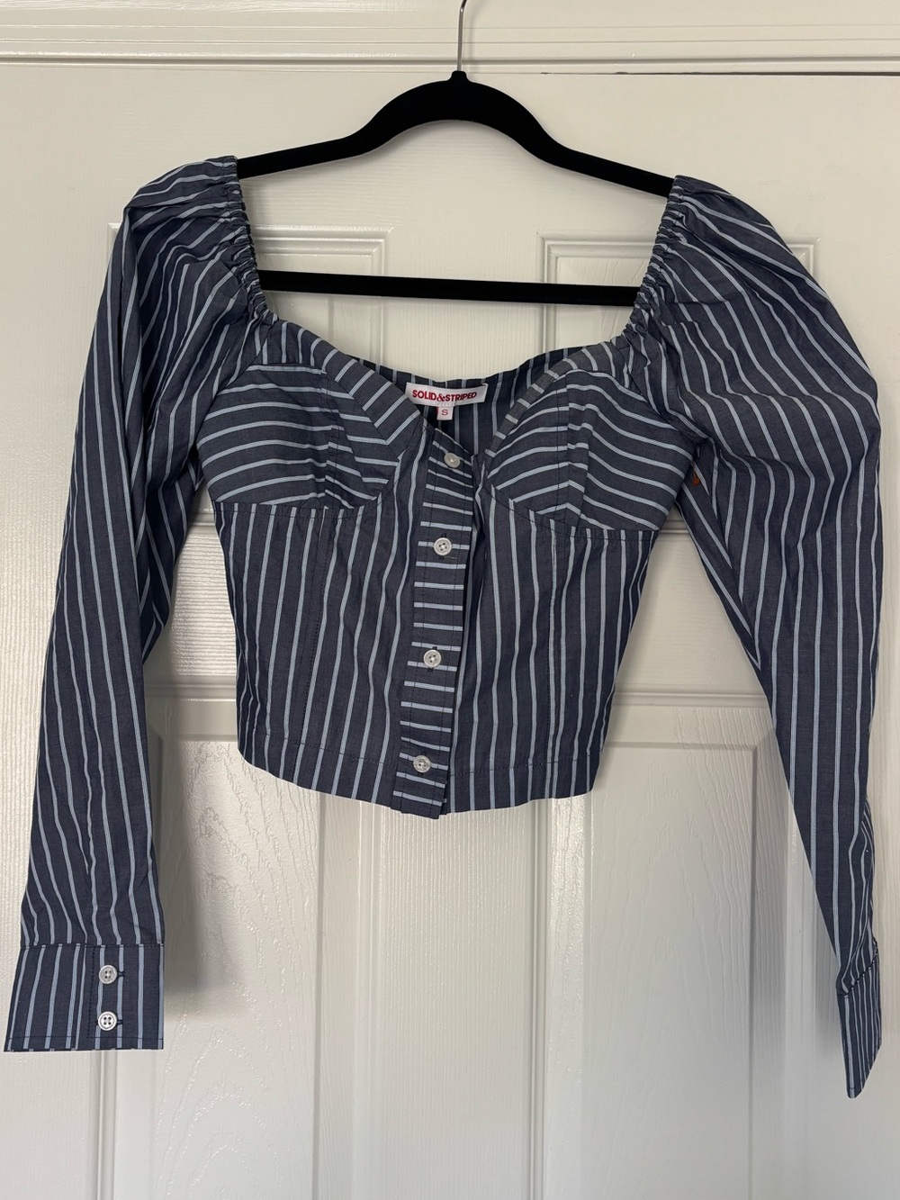 Solid & Striped blue and white striped cropped top square neckline size S
